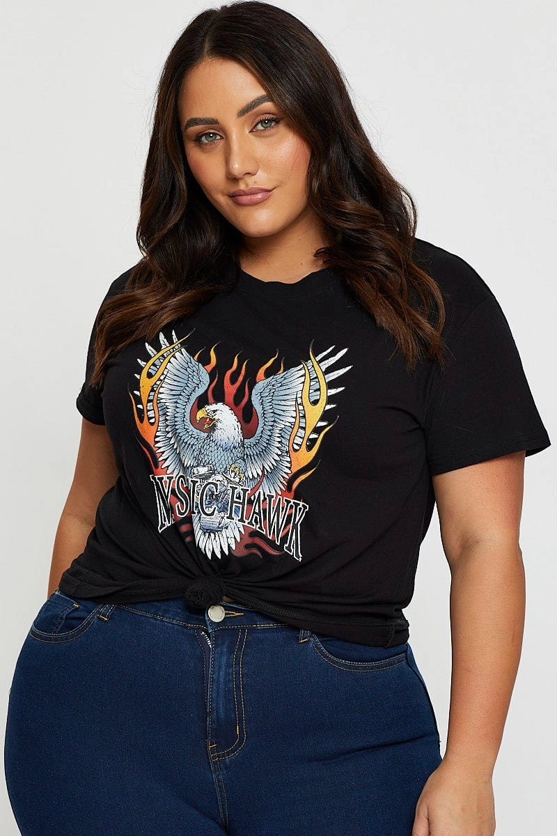 Casual Essential Multi Directional Stretch Black Graphic T-shirt Mystic Hawk Short Sleeve Cotton
