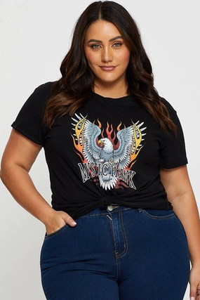 Black Graphic T-shirt Mystic Hawk Short Sleeve Cotton layerable soft look