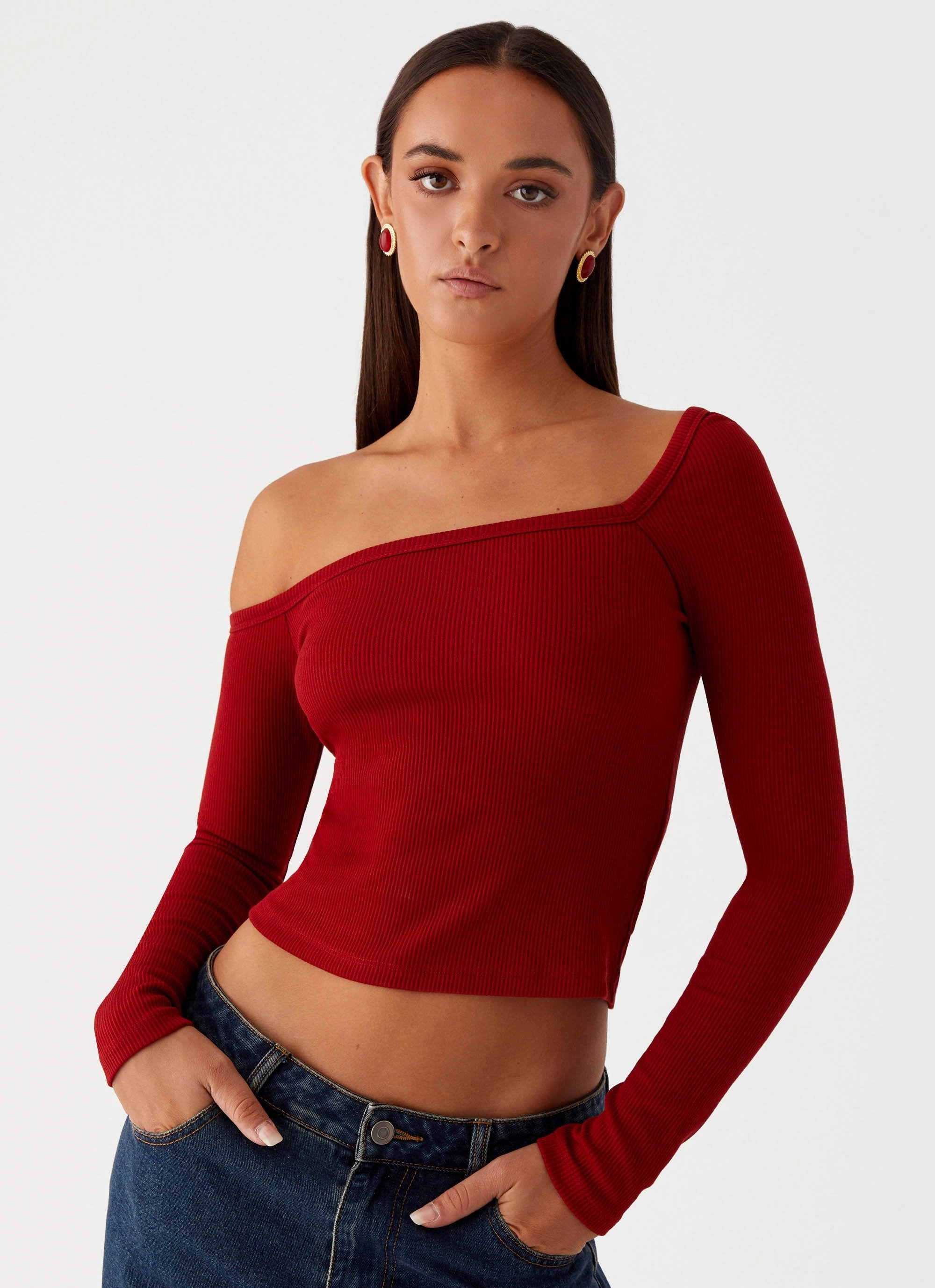 Talia Asymmetric Long Sleeve Top - Red Autumn Wear