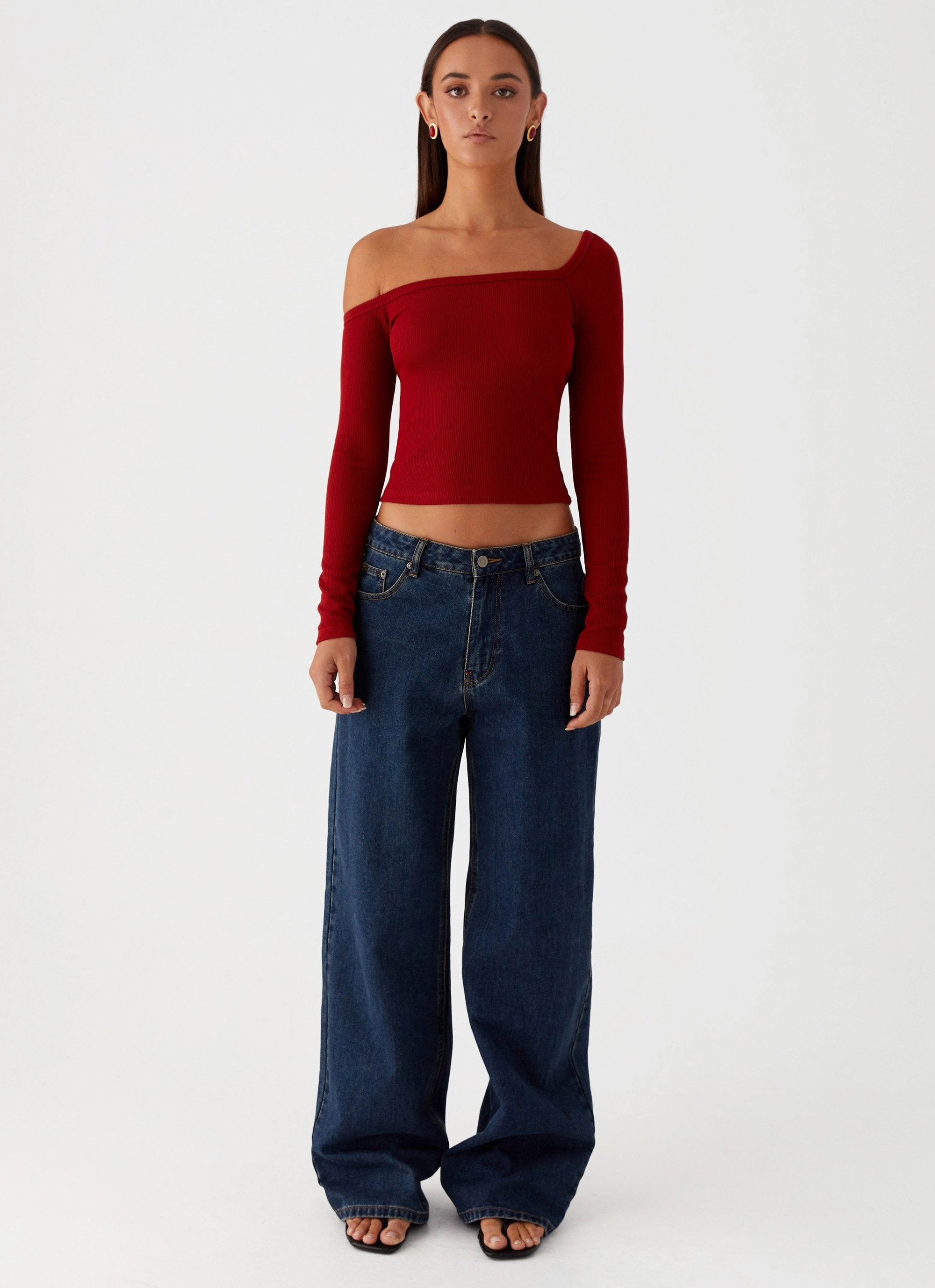 wrinkle free beads Talia Asymmetric Long Sleeve Top - Red