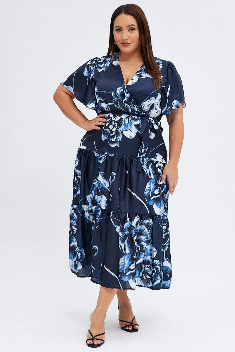 Blue Abstract Midi Dress Cross Front Flare Sleeve Satin Urban Spirit Casual and Stylish