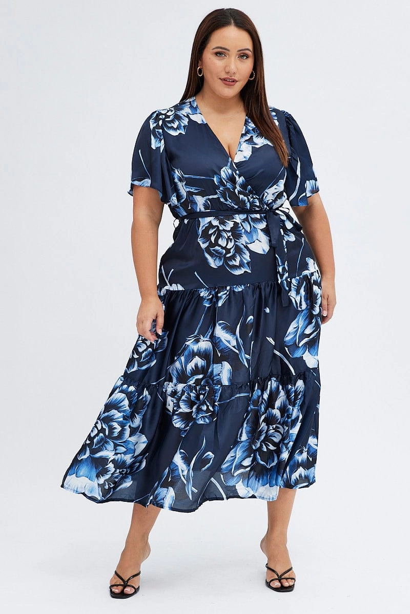 boho vibe Blue Abstract Midi Dress Cross Front Flare Sleeve Satin