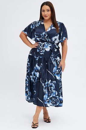 Blue Abstract Midi Dress Cross Front Flare Sleeve Satin Urban Spirit Casual and Stylish