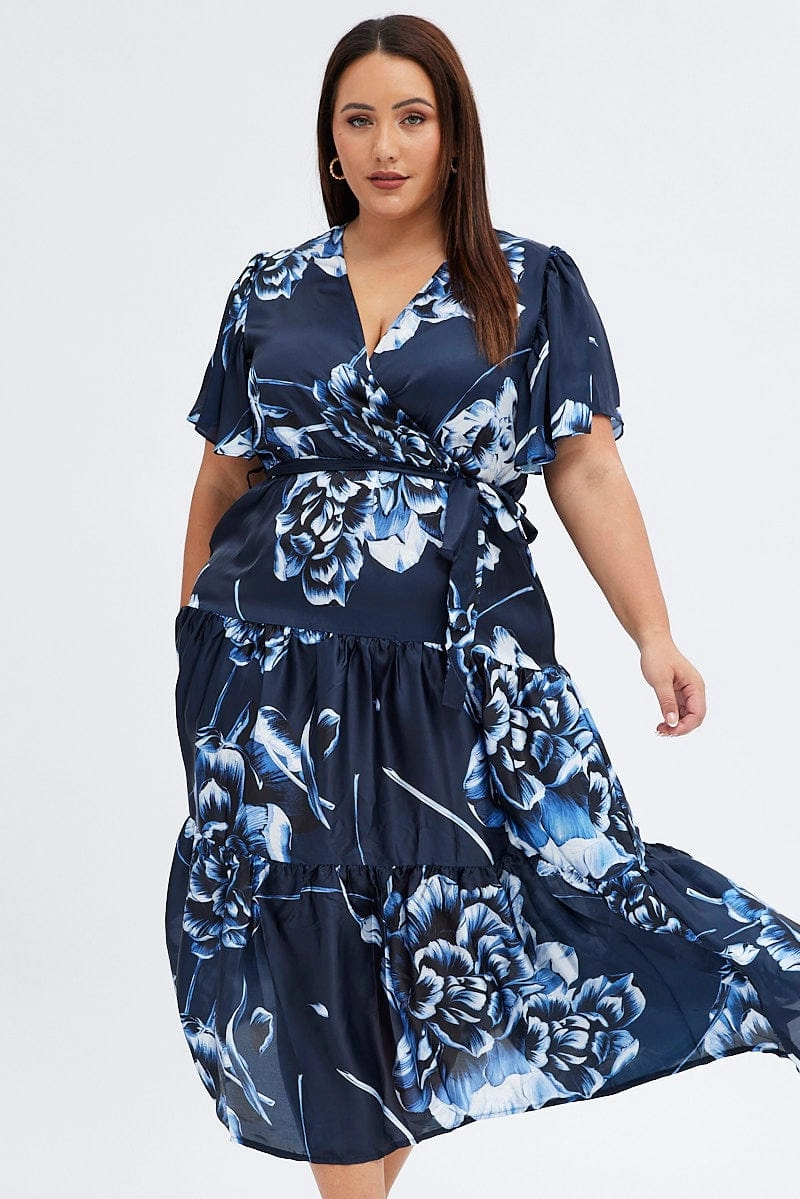 Blue Abstract Midi Dress Cross Front Flare Sleeve Satin Sleek Movement