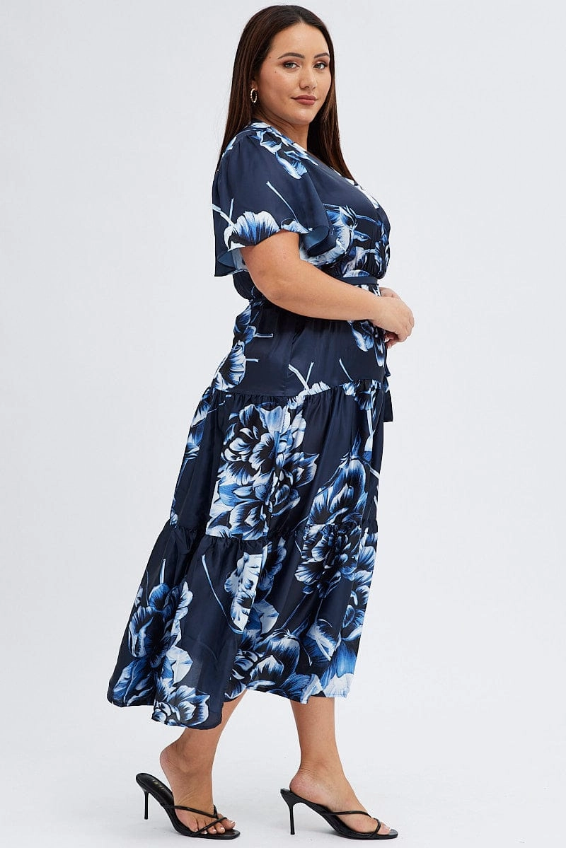 Calm Aesthetic Move Free Blue Abstract Midi Dress Cross Front Flare Sleeve Satin