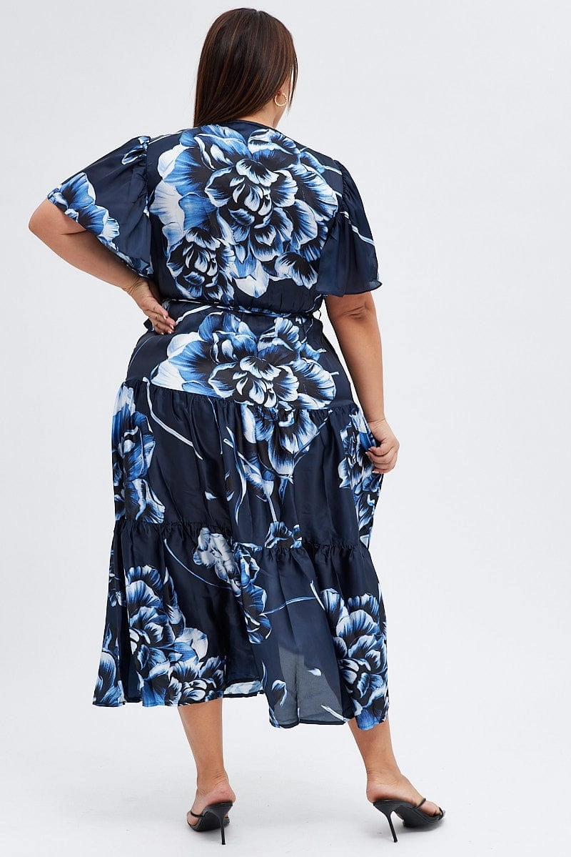 Blue Abstract Midi Dress Cross Front Flare Sleeve Satin Work Pairing