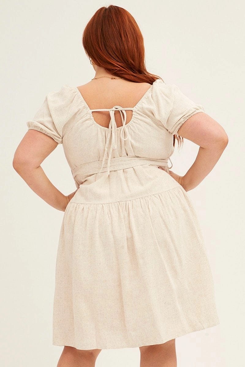 Oatmeal Mini Dress Short Sleeve Scoop Neck Linen Blend custom-fit Smart Waistband Fit