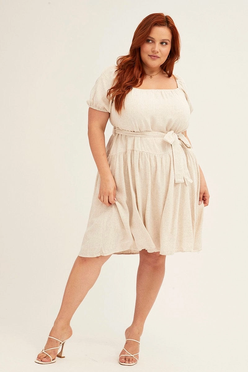 Oatmeal Mini Dress Short Sleeve Scoop Neck Linen Blend City Casual Elegant Layering