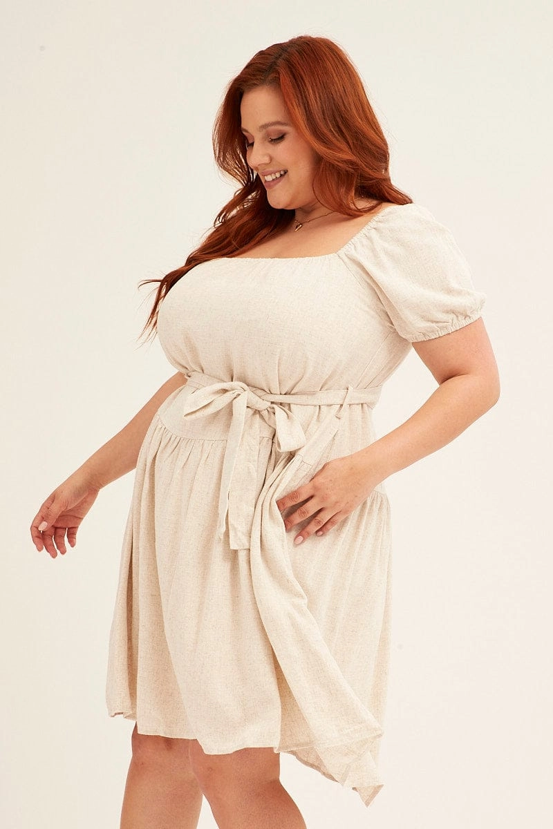 Daily Form Crisp Detail Oatmeal Mini Dress Short Sleeve Scoop Neck Linen Blend