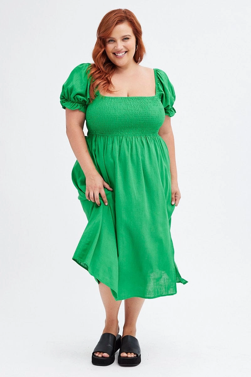 Fern Shirred Short Sleeve Linen Blend Midi Dress All Purpose Quick-Dry