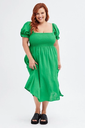 Fern Shirred Short Sleeve Linen Blend Midi Dress All Purpose Quick-Dry