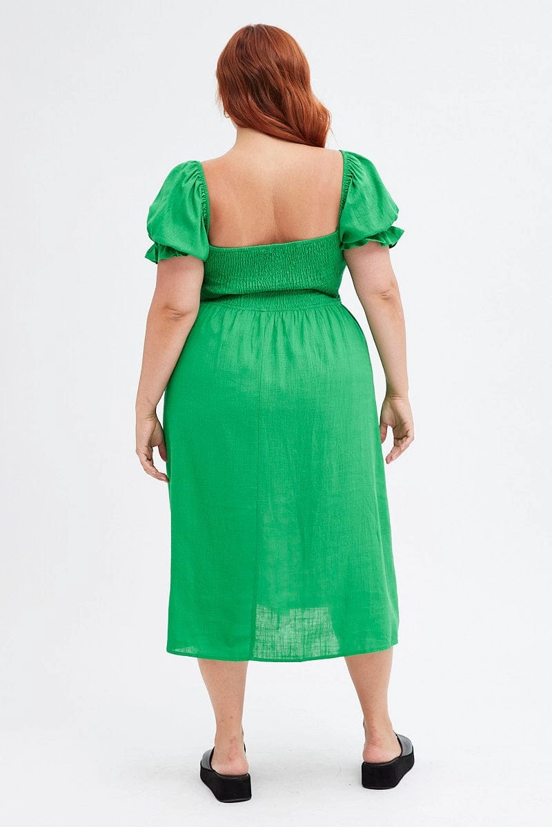 Elegant Simplicity Fern Shirred Short Sleeve Linen Blend Midi Dress
