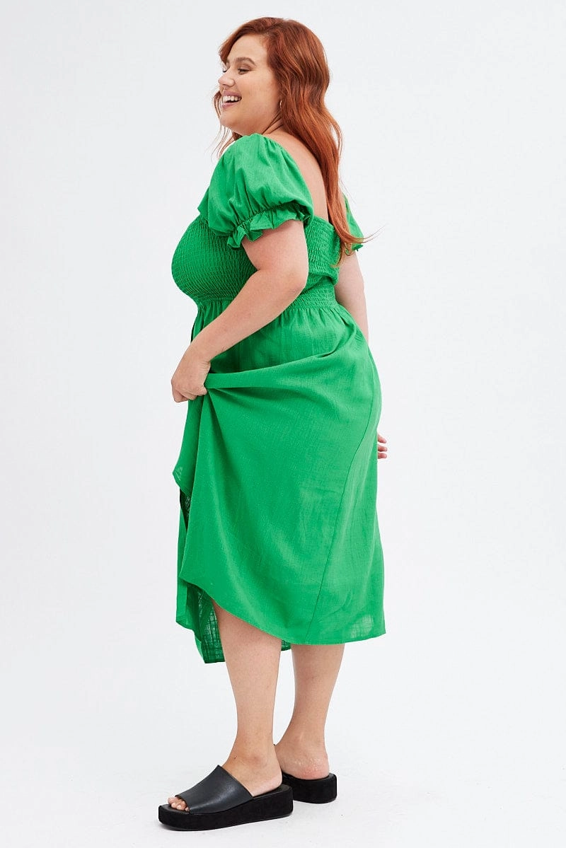 Fern Shirred Short Sleeve Linen Blend Midi Dress Pleat-Front