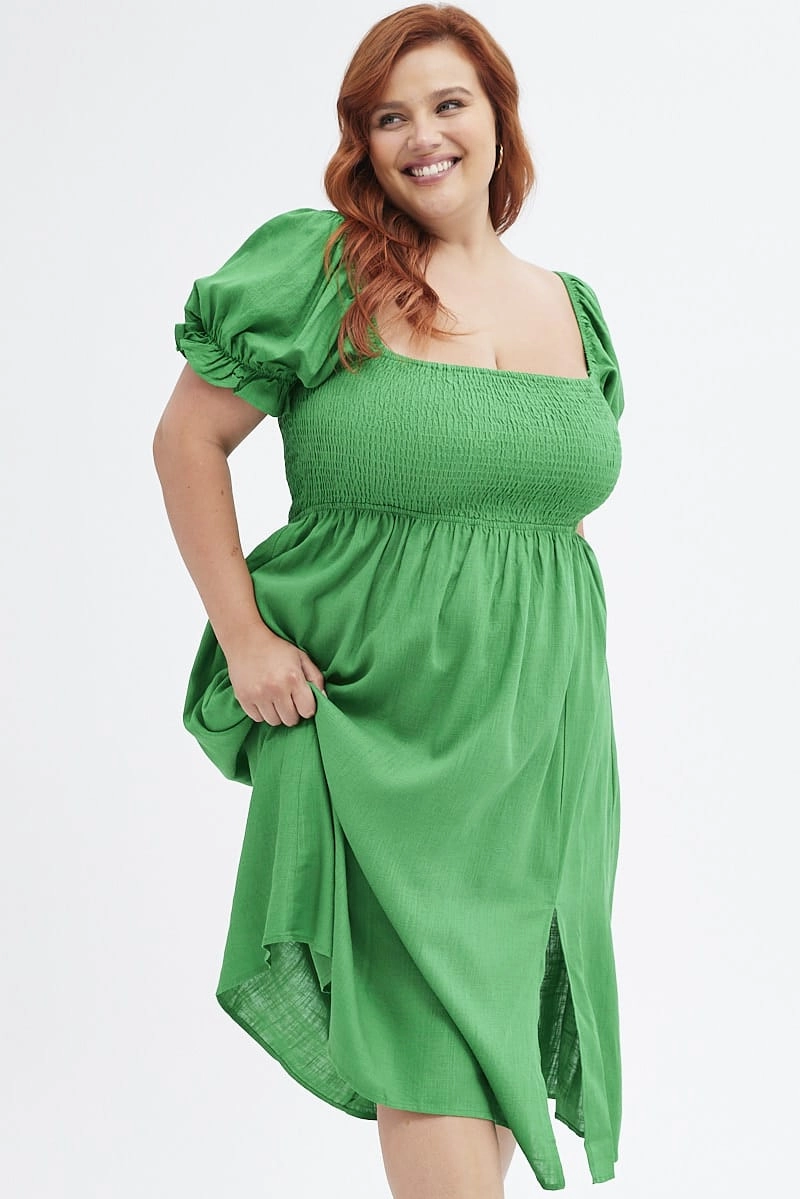 Fern Shirred Short Sleeve Linen Blend Midi Dress Edgy-Look