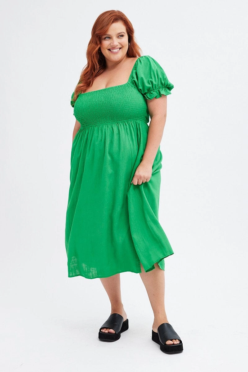 Fern Shirred Short Sleeve Linen Blend Midi Dress Midi-Length Fit Clean