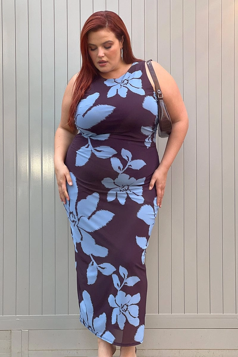 Simple Yet Elegant Purple Abstract Bodycon Dress Round Neck Sleeveless Mesh