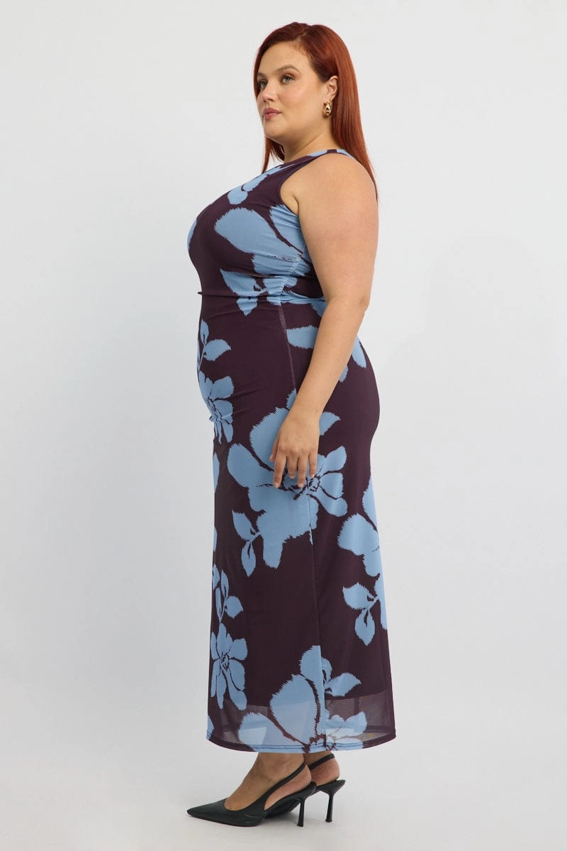 Convertible-Style Evening Look Purple Abstract Bodycon Dress Round Neck Sleeveless Mesh
