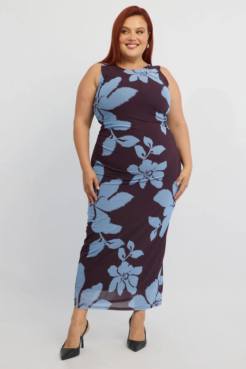 Studio Style Bold Simplicity Purple Abstract Bodycon Dress Round Neck Sleeveless Mesh