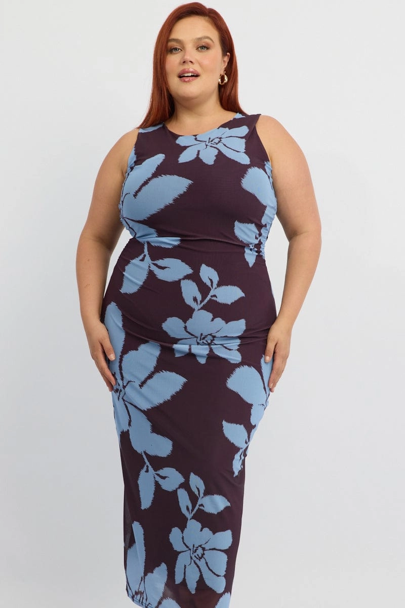 Comfortable office piece Purple Abstract Bodycon Dress Round Neck Sleeveless Mesh