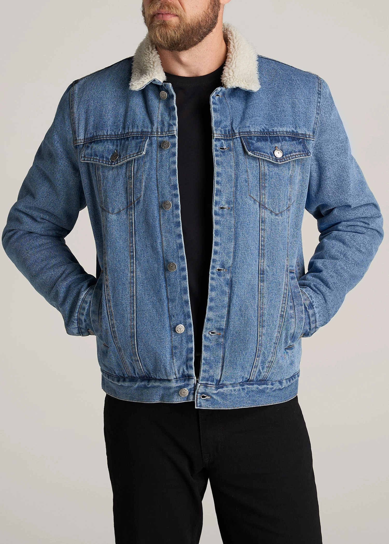 Denim Sherpa Tall Men's Jacket in Stonewash Blue Travel Light Fit