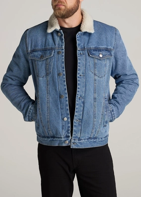 Headphone Hole Anti Pilling Textile Denim Sherpa Tall Men's Jacket in Stonewash Blue