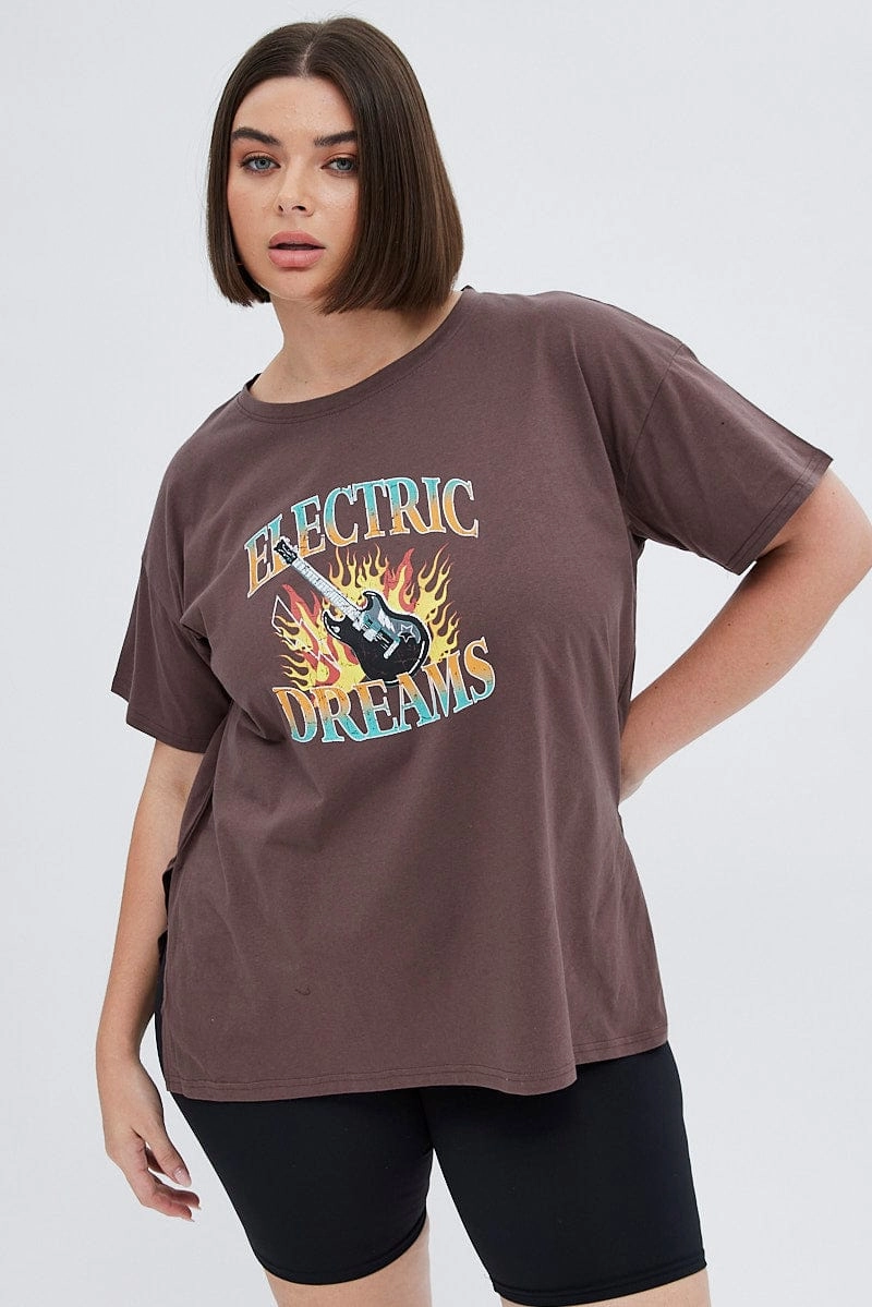Brown Graphic T-shirt Electric Dreams Print All Season Wear