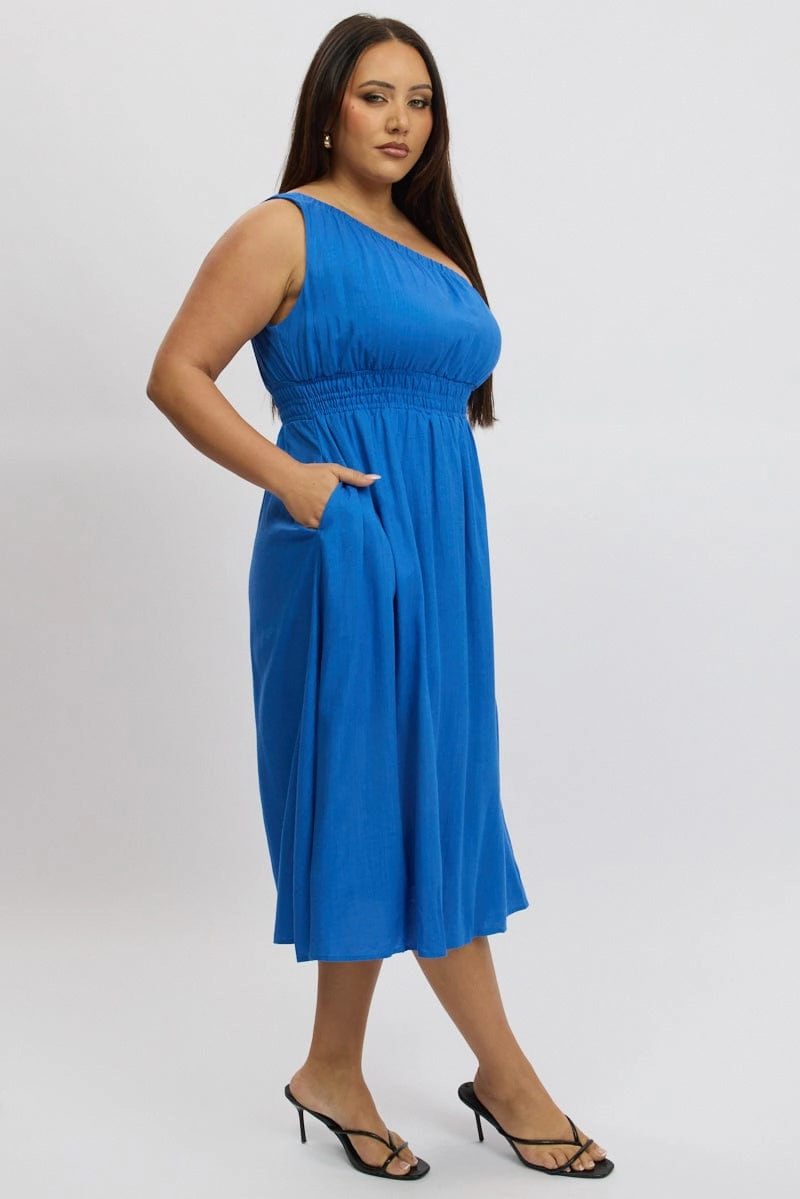 Blue Midi Dress One Shoulder Linen Blend Crinkle Effect