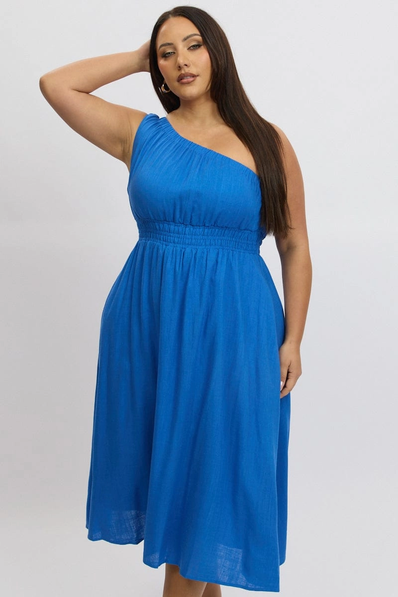 Moment Glow Blue Midi Dress One Shoulder Linen Blend