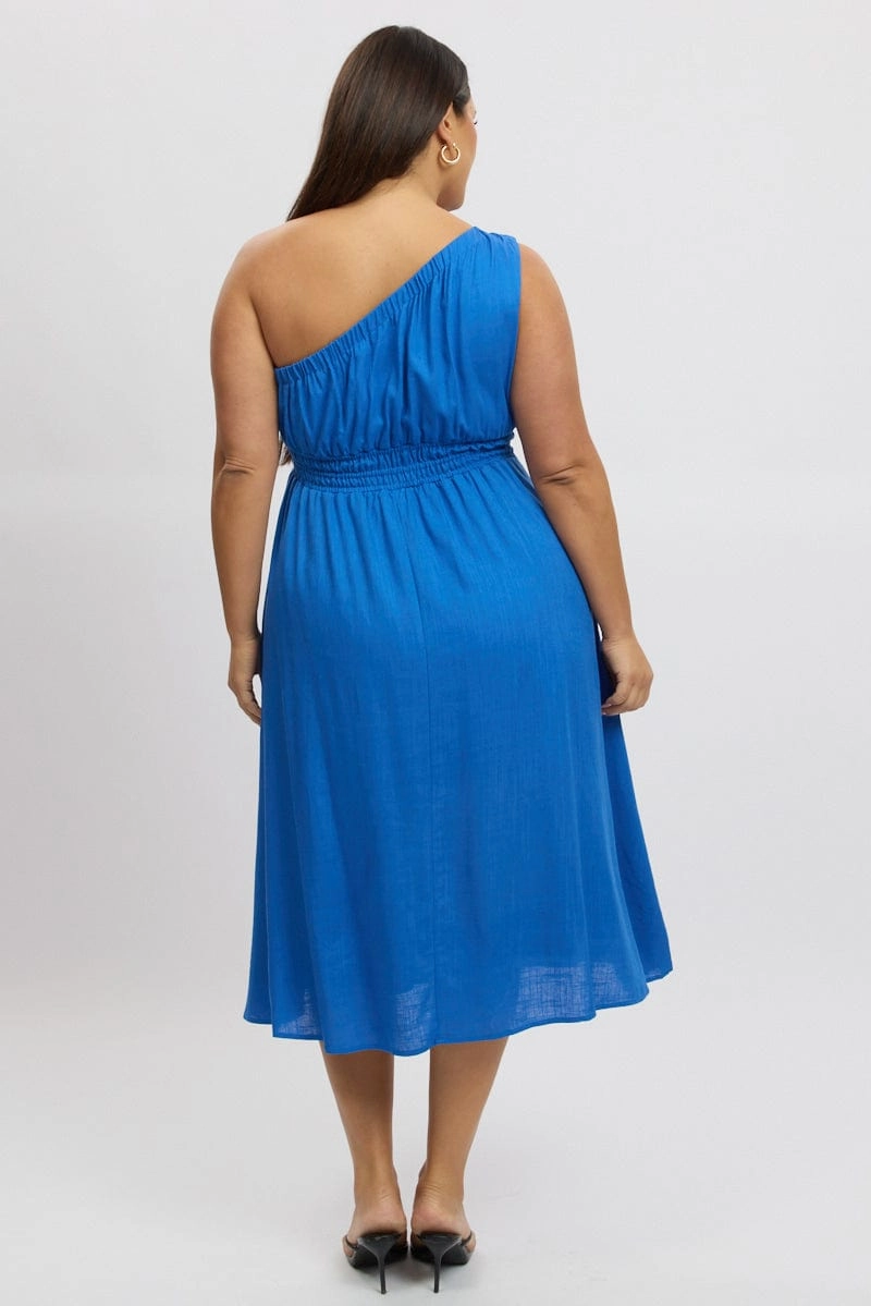 Dressy Yet Comfortable Classic structured dress Blue Midi Dress One Shoulder Linen Blend