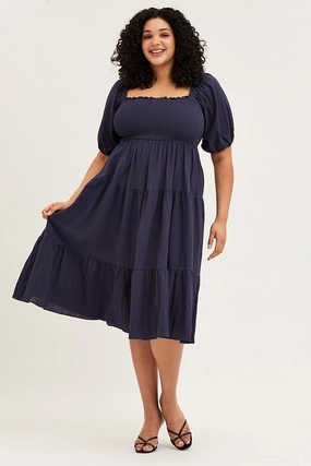 Clean Drape Air Touch Blue Midi Dress Off Shoulder Short Sleeve