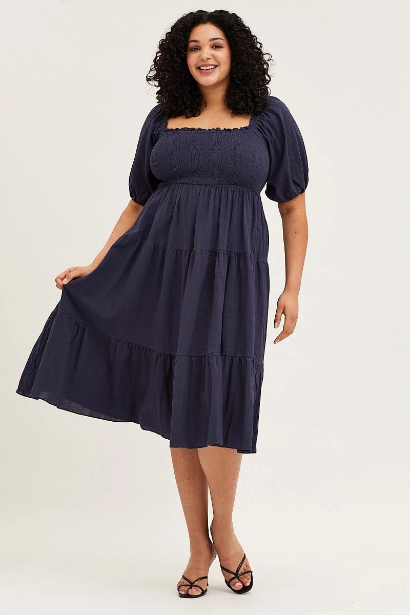 Clean Drape Air Touch Blue Midi Dress Off Shoulder Short Sleeve