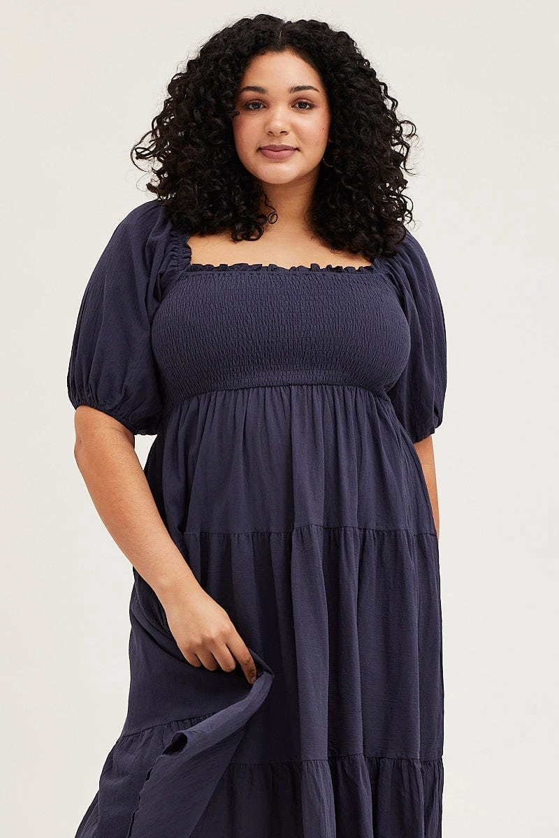 Blue Midi Dress Off Shoulder Short Sleeve Polished Fit