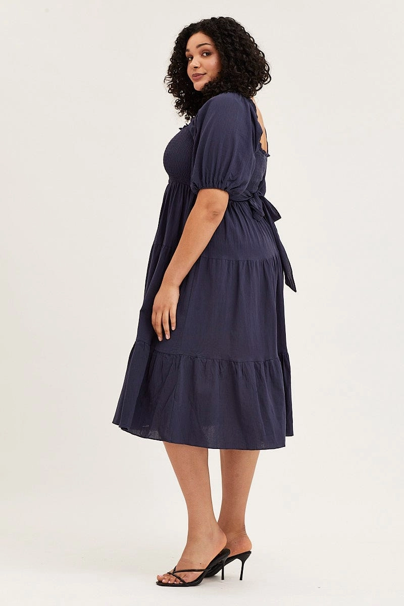 Blue Midi Dress Off Shoulder Short Sleeve Beach Moment Relax Motion