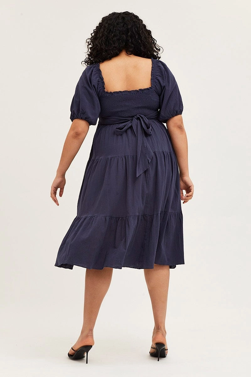 Soft Appeal Blue Midi Dress Off Shoulder Short Sleeve