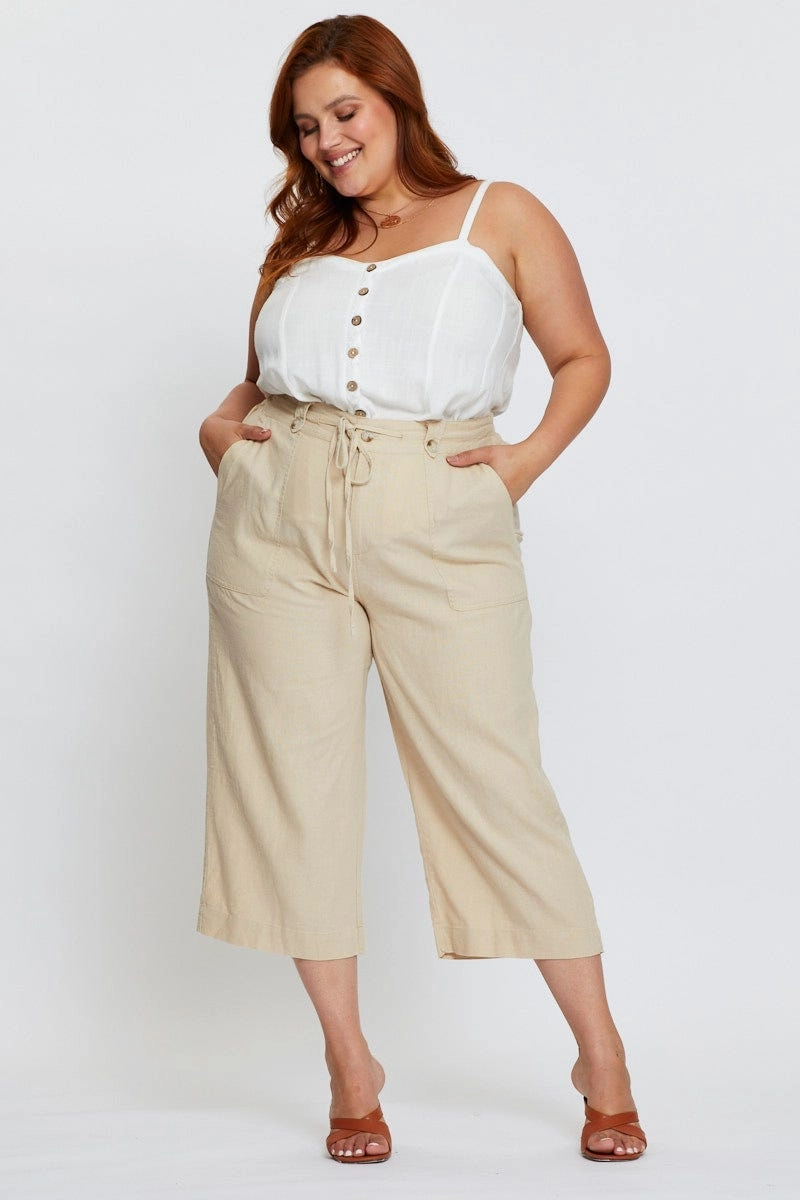 Stretch Movement WindResistantMaterial Beige Wide Leg Pants High Rise Linen Blend Crop