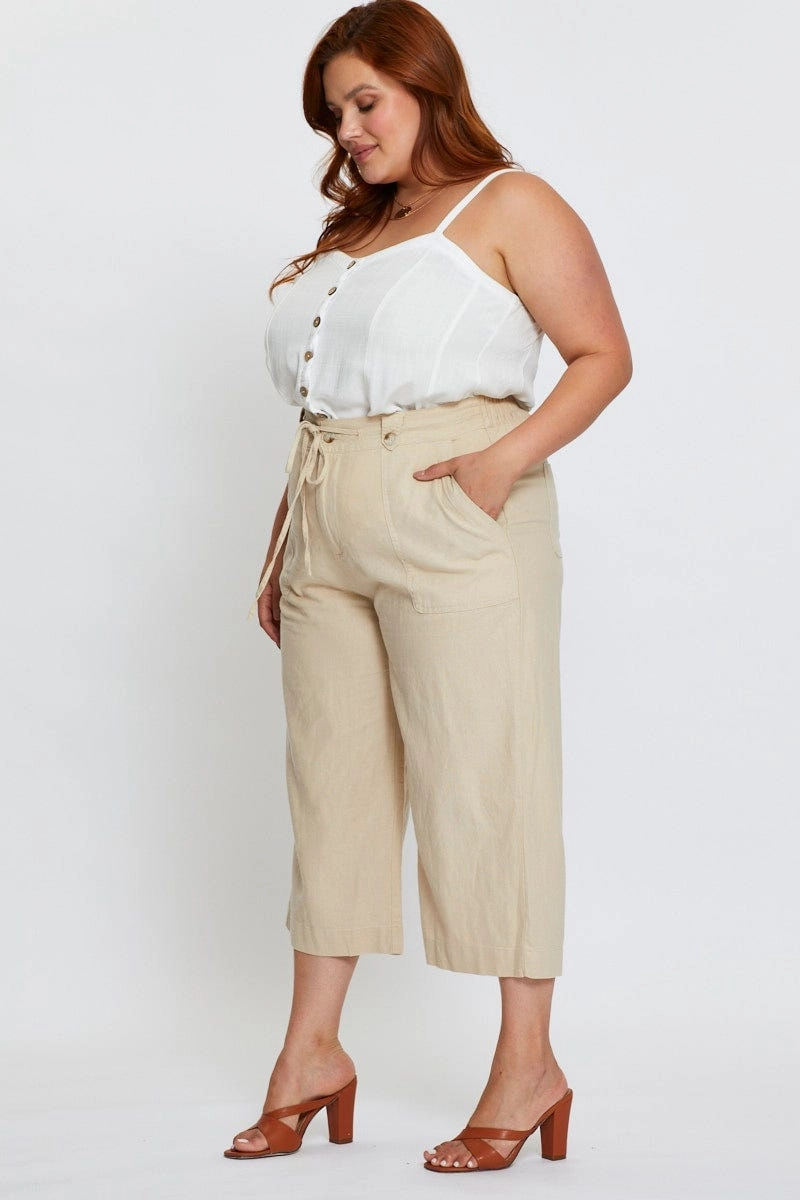 Slim Wear Design Beige Wide Leg Pants High Rise Linen Blend Crop