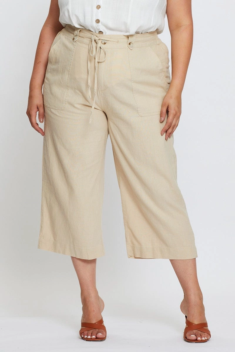 Cozy and Soft Beige Wide Leg Pants High Rise Linen Blend Crop