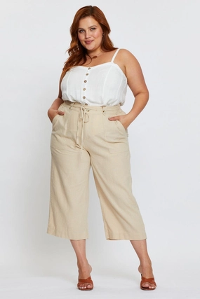 Beige Wide Leg Pants High Rise Linen Blend Crop Moisture control Anti Cling Finish