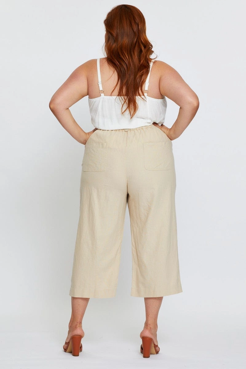 Beige Wide Leg Pants High Rise Linen Blend Crop All Around Fit Tagless Design