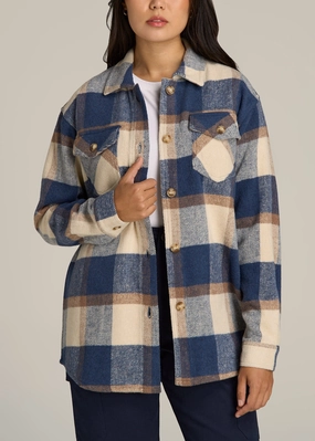 Flannel Women's Tall Shacket in Cream and Denim Blue Paid Anti Pill Fabric Tech Sunday Walk Style
