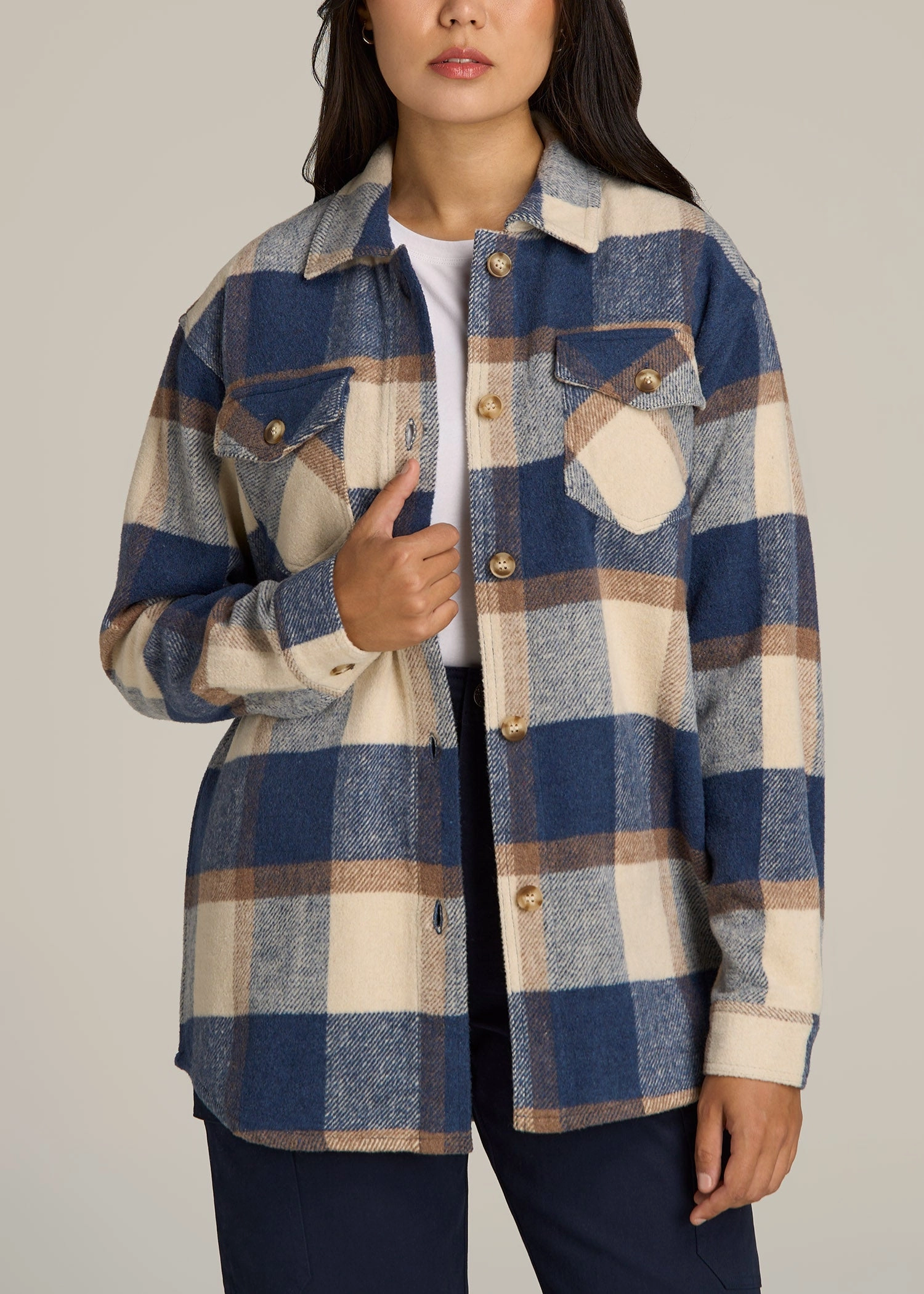 Flannel Women's Tall Shacket in Cream and Denim Blue Paid Anti Pill Fabric Tech Sunday Walk Style