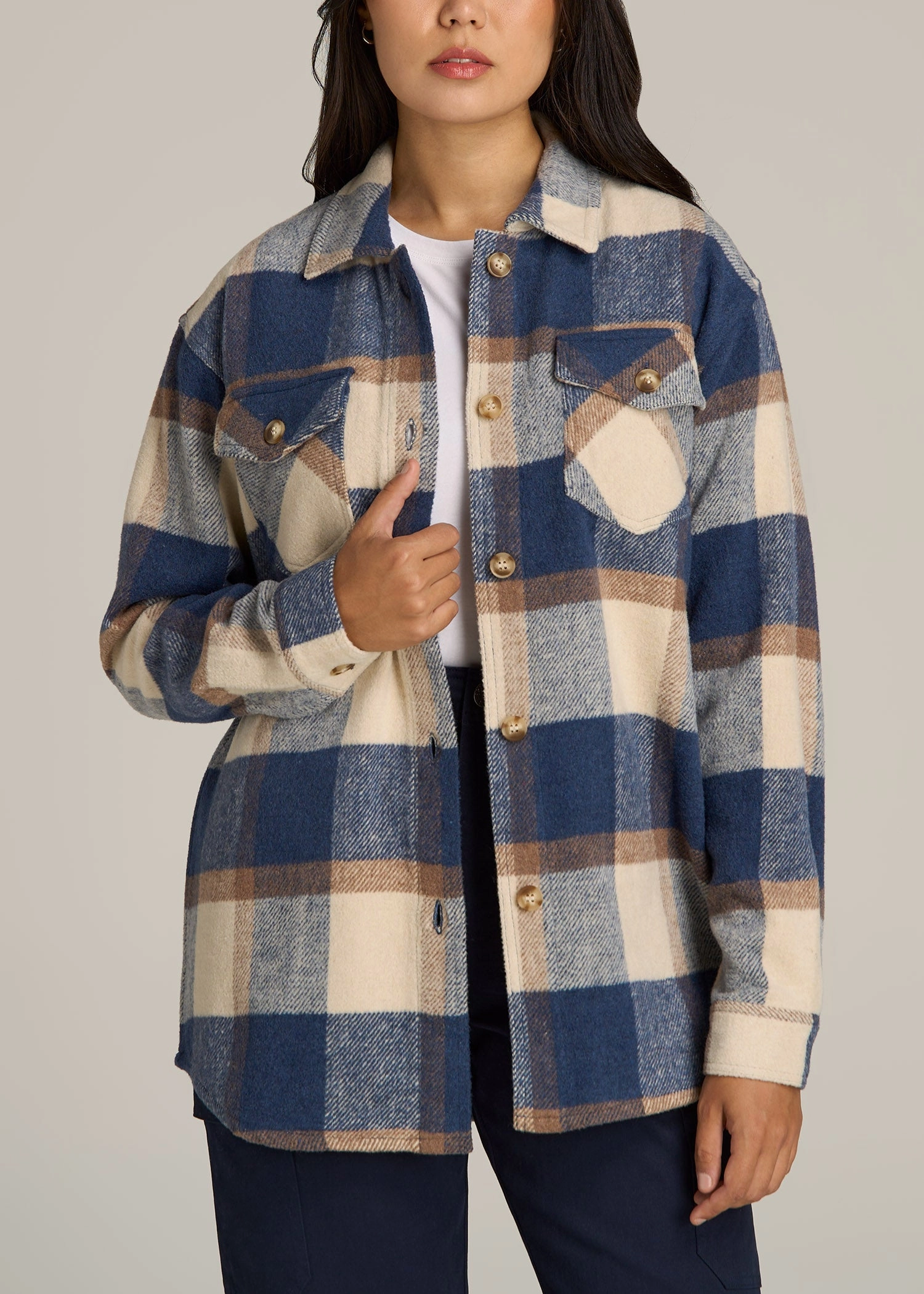 Flannel Women's Tall Shacket in Cream and Denim Blue Paid On Duty Layer