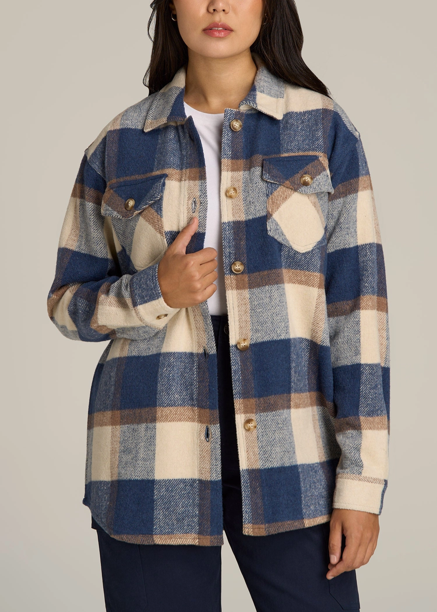 Flannel Women's Tall Shacket in Cream and Denim Blue Paid Modular Attachment System