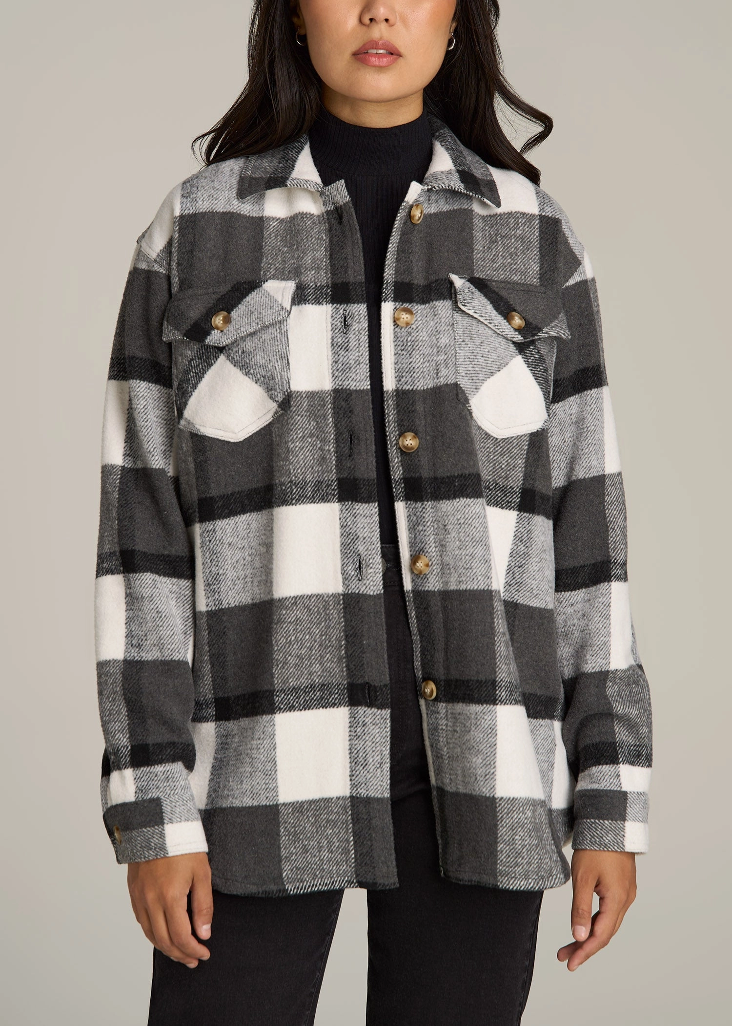 Flannel Women's Tall Shacket in Grey and Black Plaid Refined Style UV Protective Coating