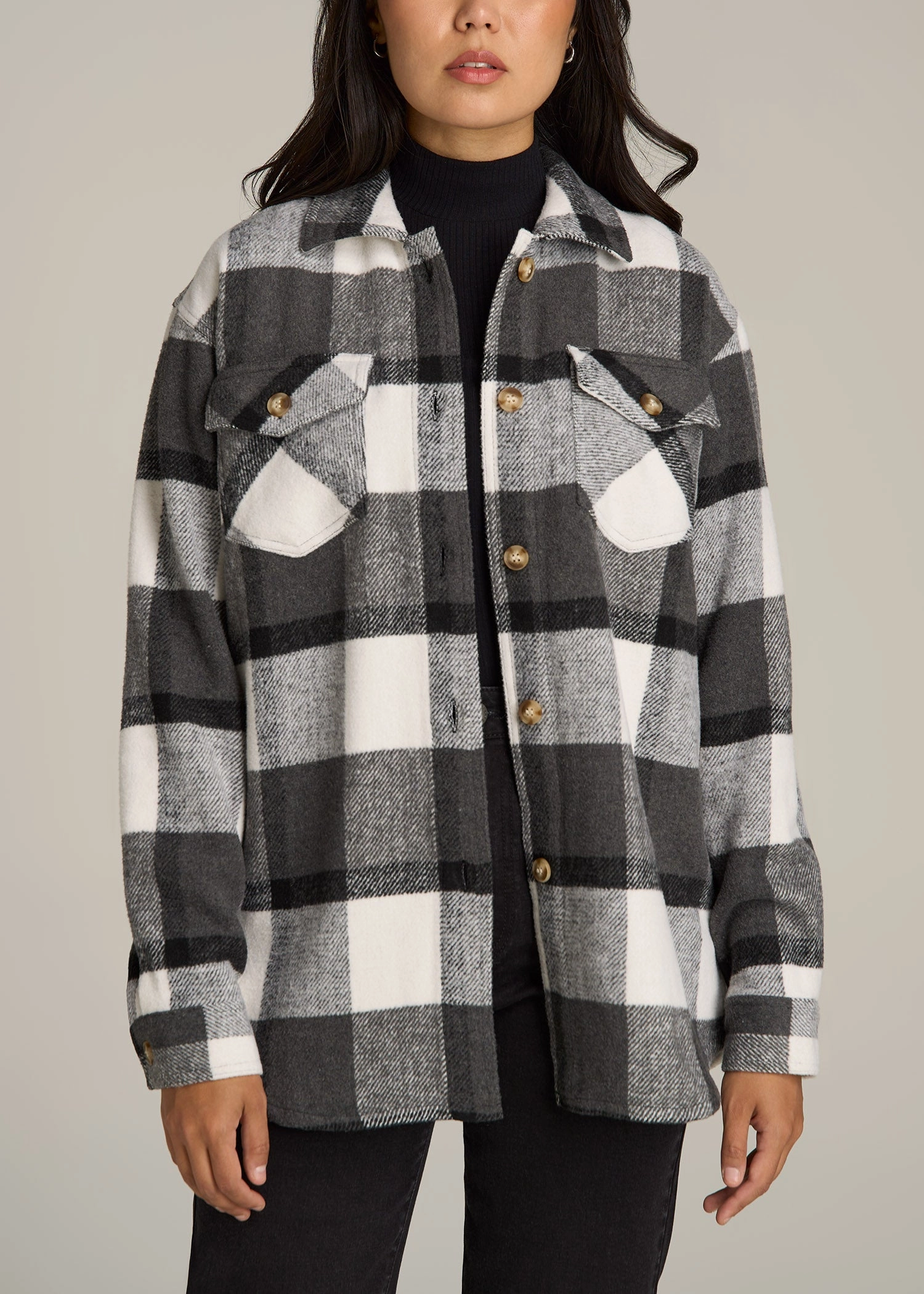 Multi Layer Option Flannel Women's Tall Shacket in Grey and Black Plaid
