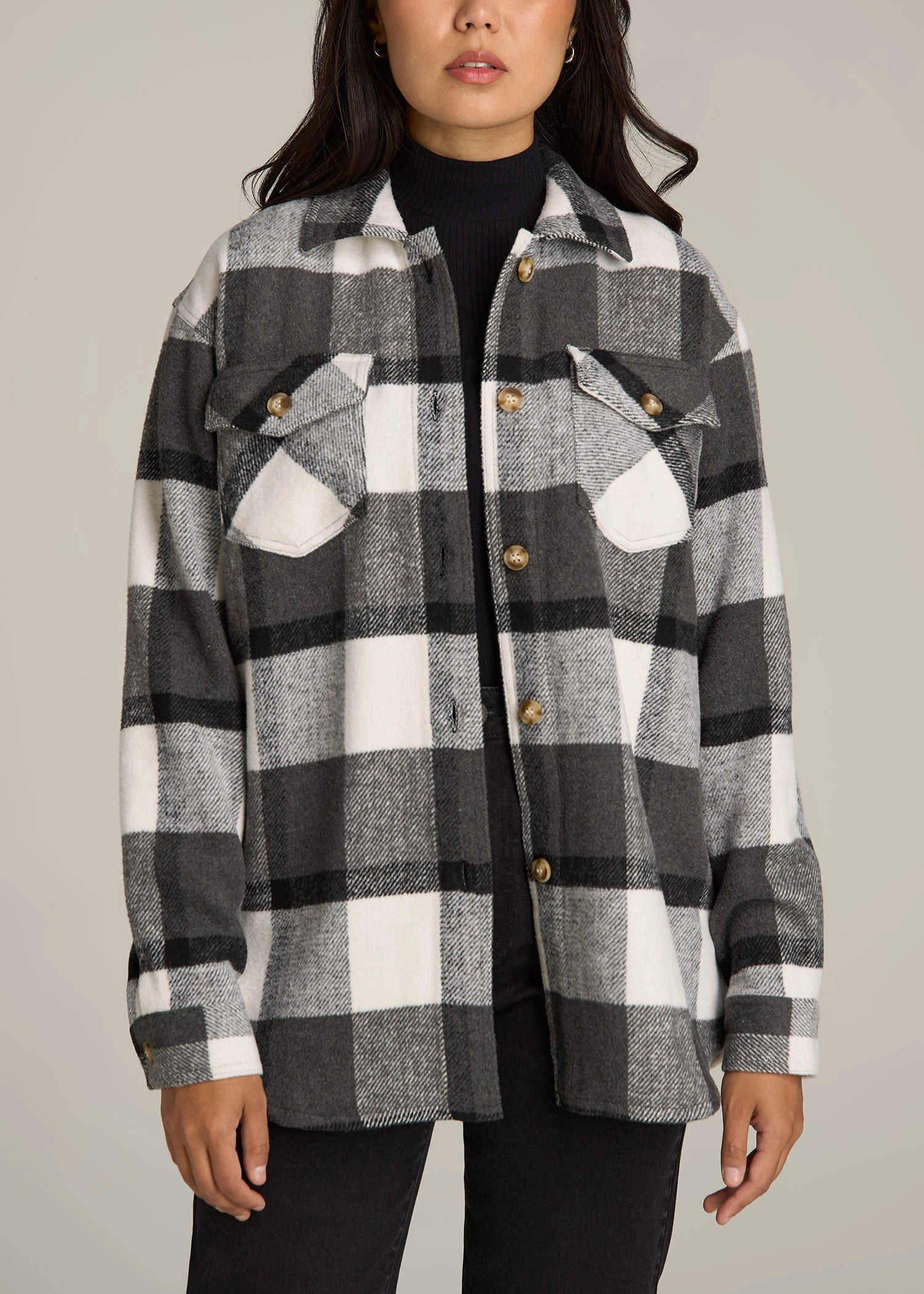Relaxed Fit Silhouette Flannel Women's Tall Shacket in Grey and Black Plaid
