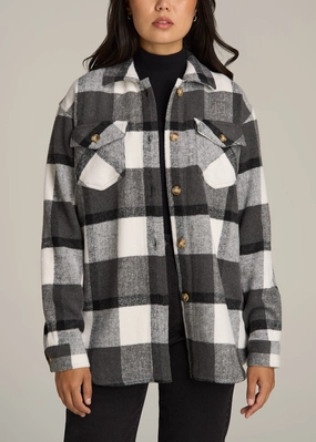 Flannel Women's Tall Shacket in Grey and Black Plaid Easy Layering