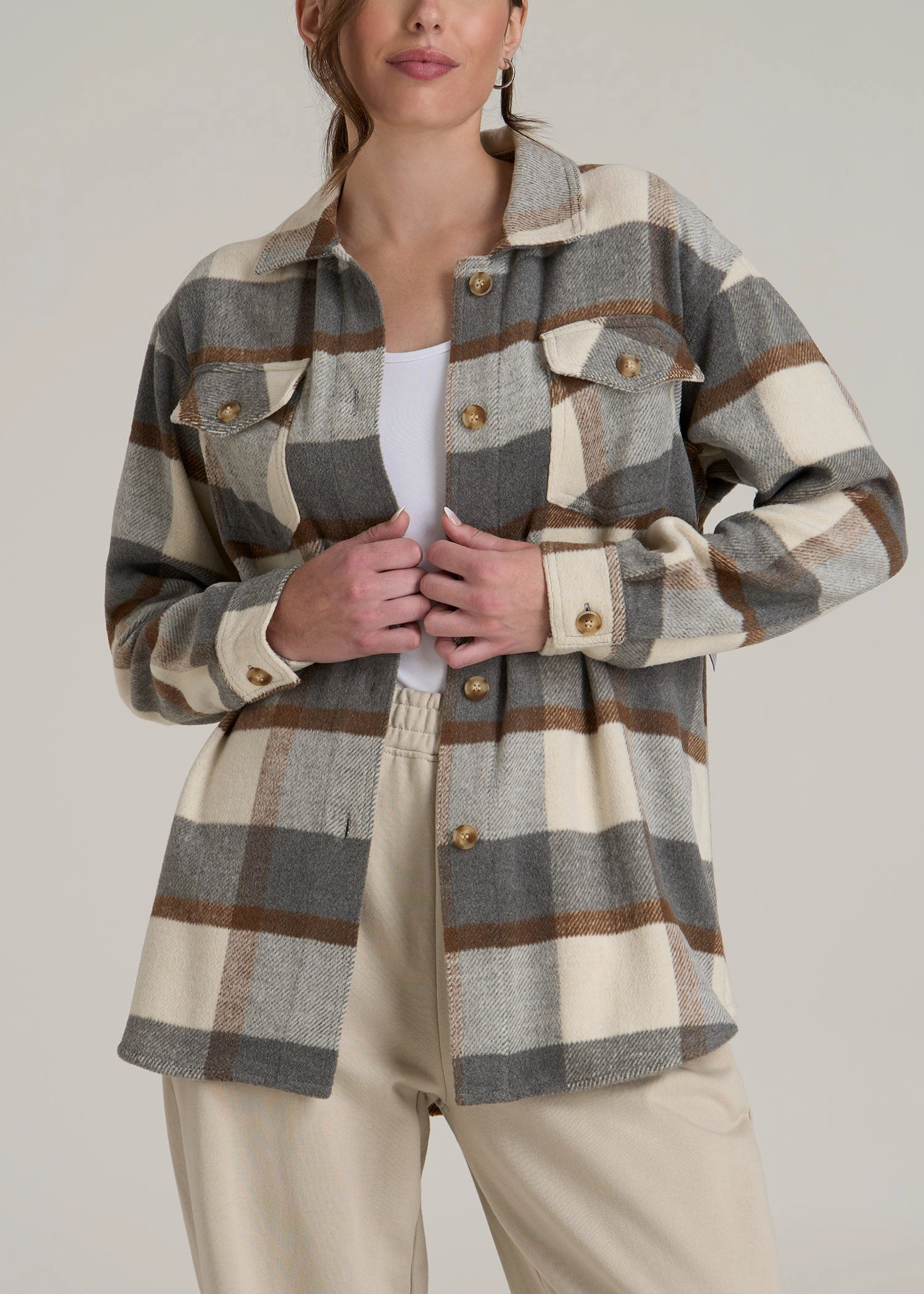 Flannel Women's Tall Shacket in Grey and Cream Plaid Streetwear vibe Casual Chill Look