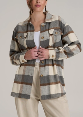 Flannel Women's Tall Shacket in Grey and Cream Plaid Streetwear vibe Casual Chill Look