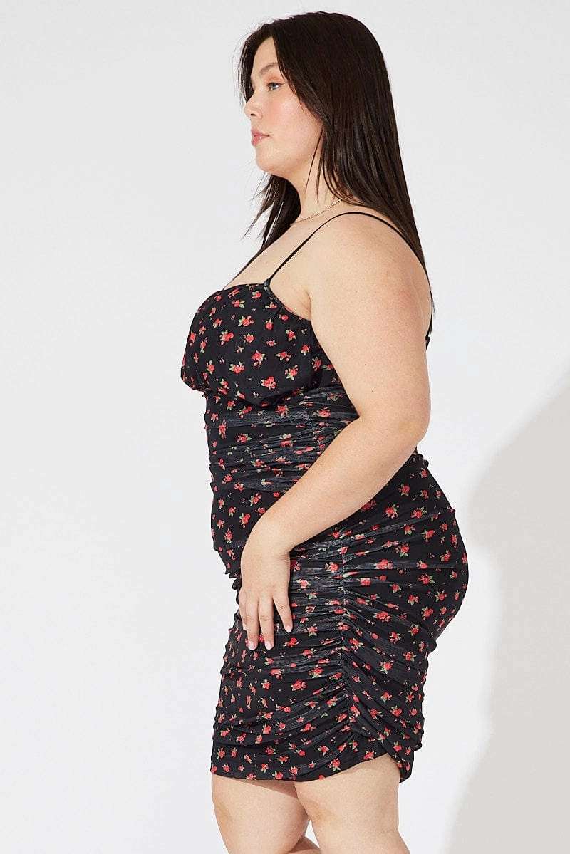 Red Ditsy Mesh Ruched Dress Pink Glow Sophisticated Waist